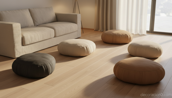 Cojín y puff Livingstones agrupados como rocas blandas en salón contemporáneo cálido