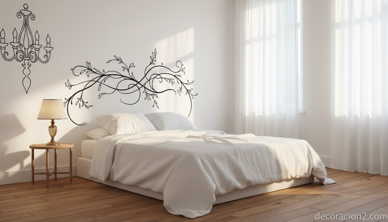 Dormitorio con vinilo de cabecero ilustrado y candelabro decorativo