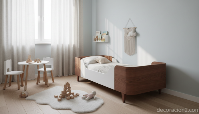 Cama Oeuf Toddler de madera en habitación infantil nórdica