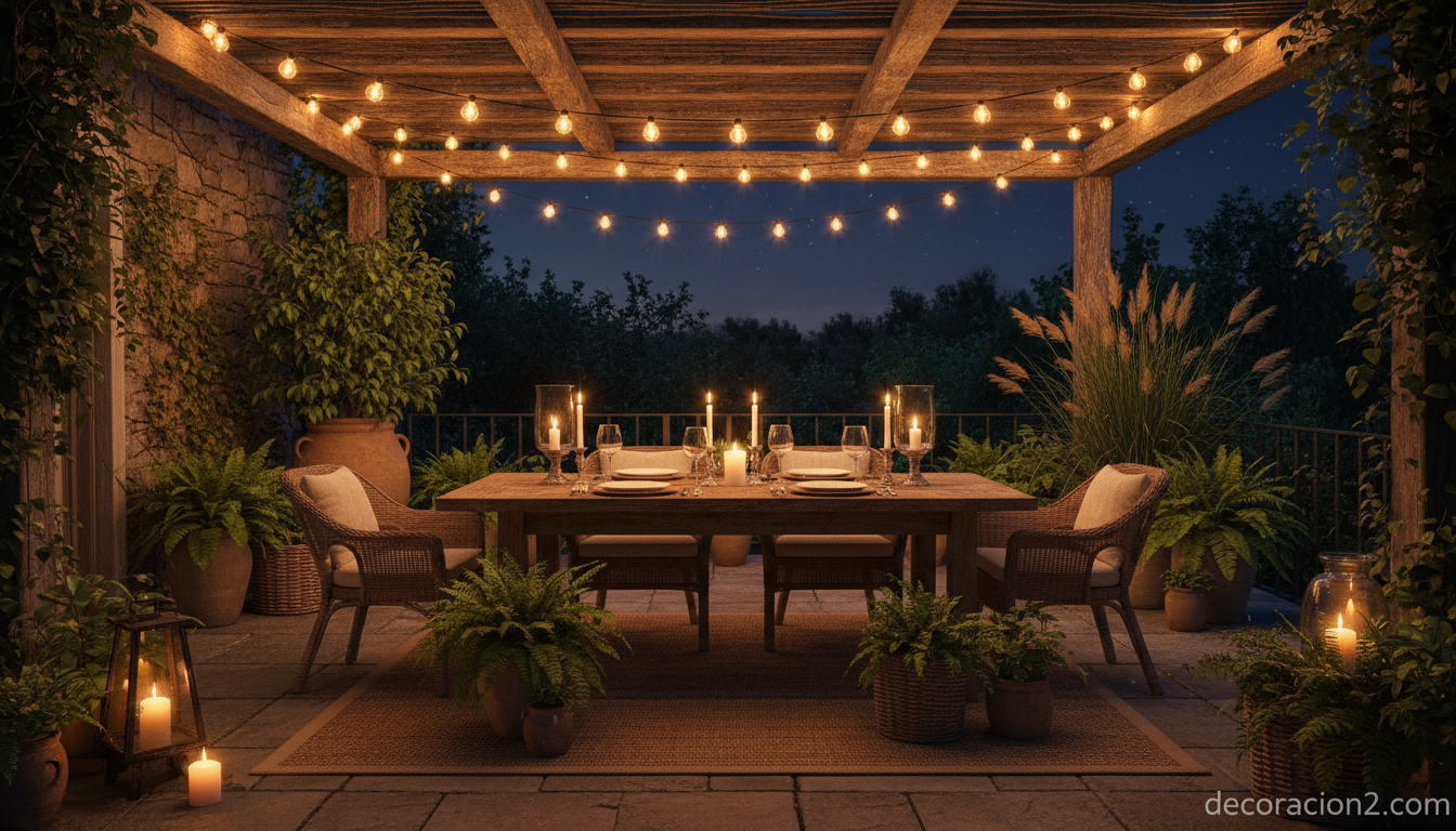 Terraza nocturna decorada con guirnaldas de luces LED solares colgadas en pérgola