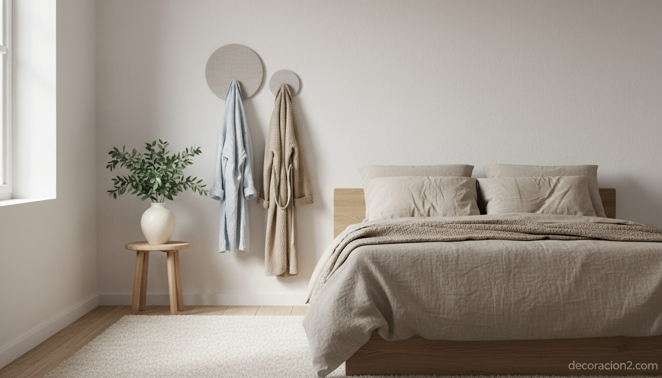 Dormitorio nórdico con percheros modulares Cubby junto a la cama