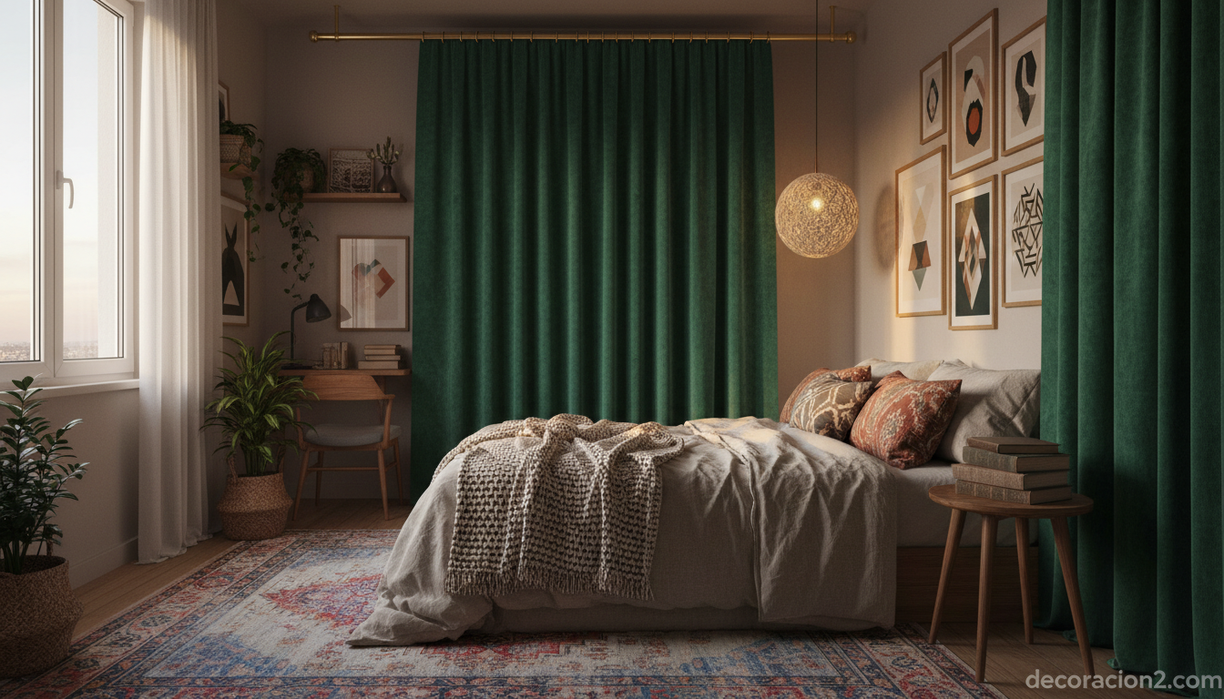 Dormitorio pequeño separado del estudio con panel de tela de terciopelo verde