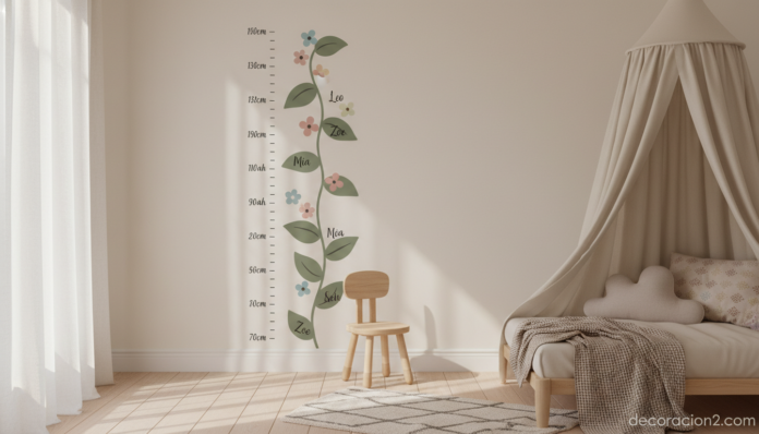 A cozy, well-lit children's bedroom with soft Scandinavian decor. On the wall, a tall decorative vinyl height chart shaped... Medidor de altura infantil con forma de planta en habitación infantil nórdica