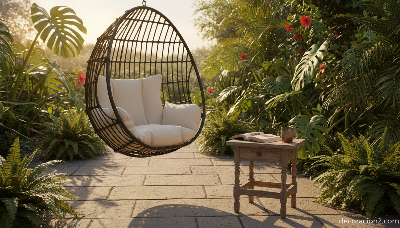 Sillón huevo: historia, diseño y guía completa de la Egg Chair de Arne Jacobsen 2 Sillón huevo colgante de ratán negro en terraza con plantas tropicales
