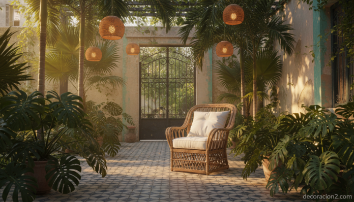 Jardín con estilo cubano y mobiliario de ratán bajo palmeras