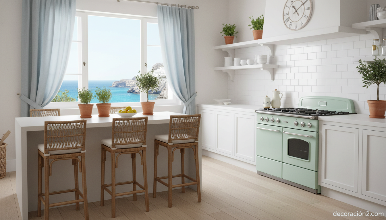 Cocina mediterránea con cocina retro Smeg en verde pastel