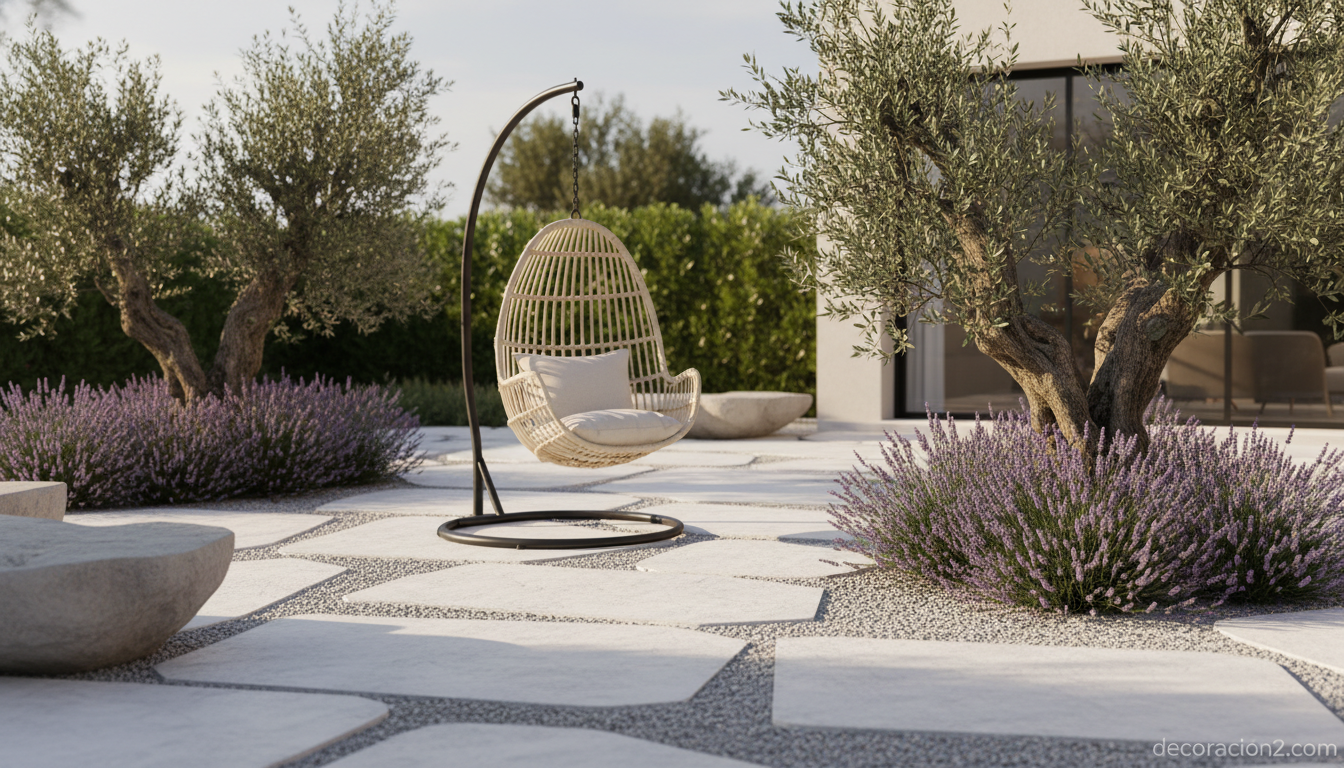 Columpios de diseño para jardín: Lavender Bubble de Fletcher & Myburgh y guía completa del columpio modernista 4 Silla colgante de mimbre en terraza mediterránea minimalista