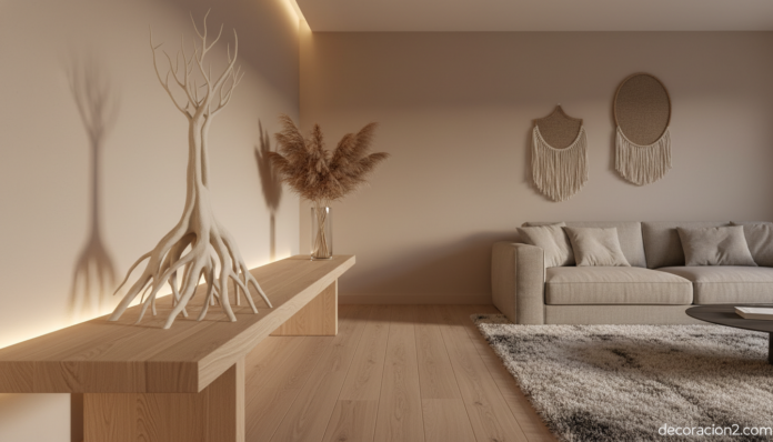 Jarrón orgánico inspirado en la naturaleza en salón moderno