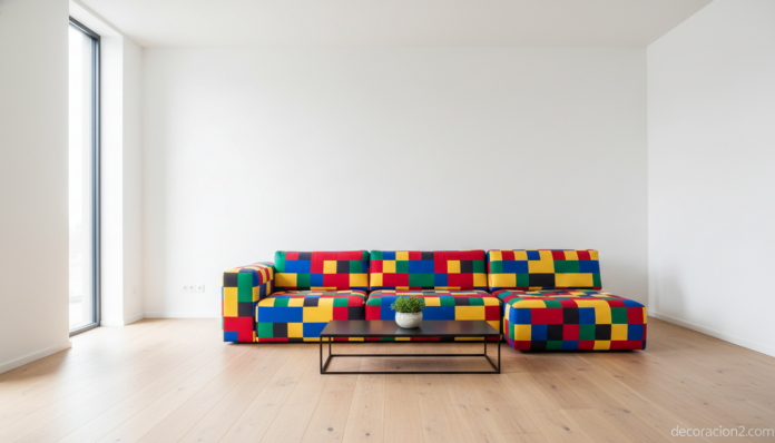 Sofá pixelado de colores en un salón moderno minimalista