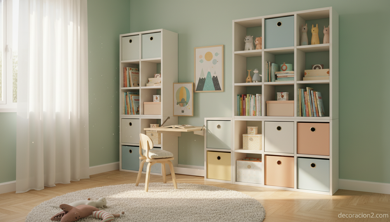 Estantería modular Elfa: cómo crear tu propia zona de estudio con un sistema flexible y ajustable 2 Estantería modular Elfa en habitación infantil con zona de estudio