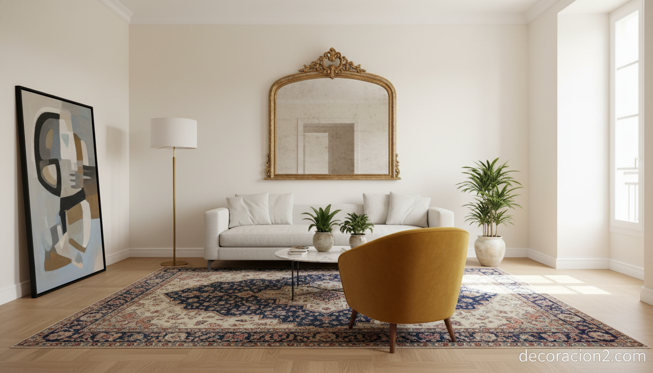 Salón moderno con piezas antiguas integradas en decoración contemporánea