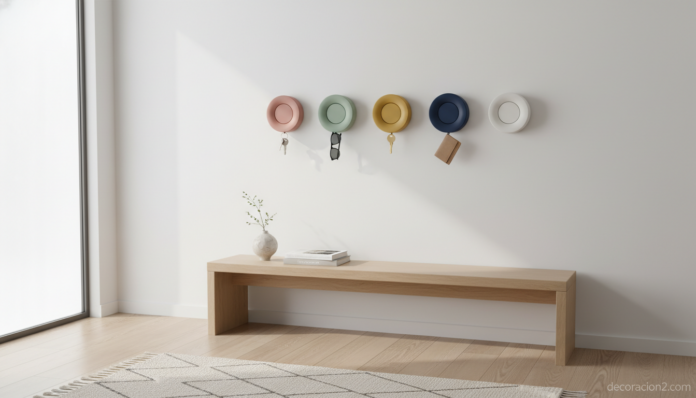 Perchero modular Cubby de Materious en recibidor moderno con varios colores