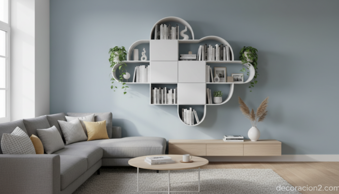 Estantería con forma de nube blanca colocada en salón moderno