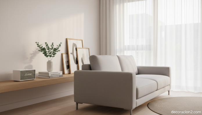 Altavoz portátil blanco integrado en salón moderno