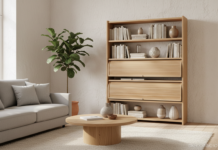 Estantería enrollable de diseño moderno con baldas flexibles de madera en salón nórdico
