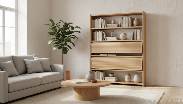 Estantería enrollable de diseño moderno con baldas flexibles de madera en salón nórdico