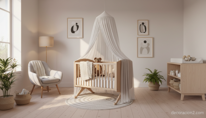 Cuna plegable de madera de haya en habitación infantil moderna