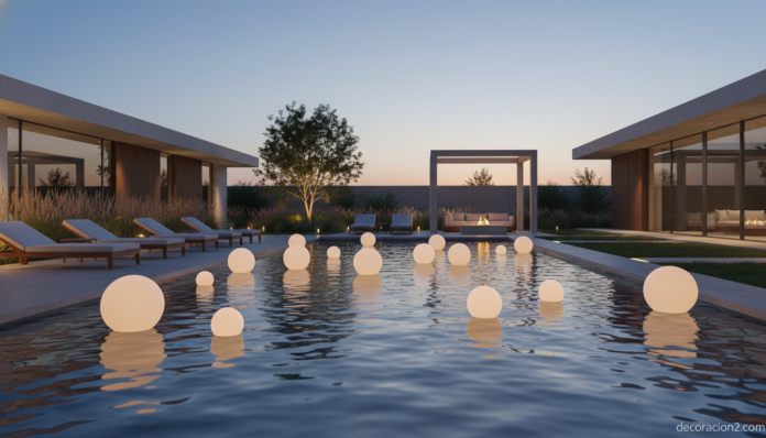 Lámpara flotante para piscina iluminando el agua al atardecer