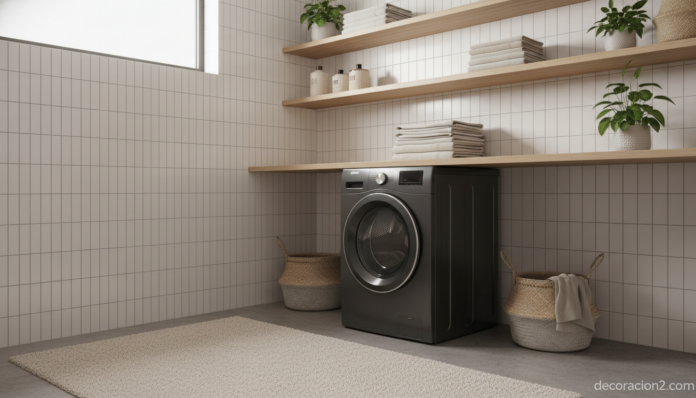 A modern, spacious laundry room in a contemporary home, featuring a large premium black stainless steel front-loading wash... Lavadoras Maytag de 14 kg en un cuarto de lavado moderno y luminoso