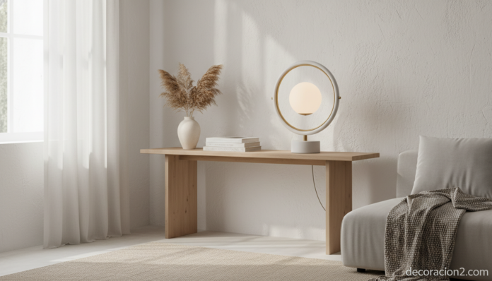 Lámpara Eye Family Made in Spain sobre consola de madera en salón moderno