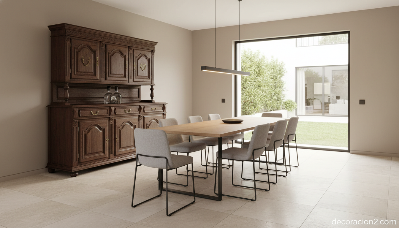 Comedor moderno con aparador clásico Firenze y sillas contemporáneas