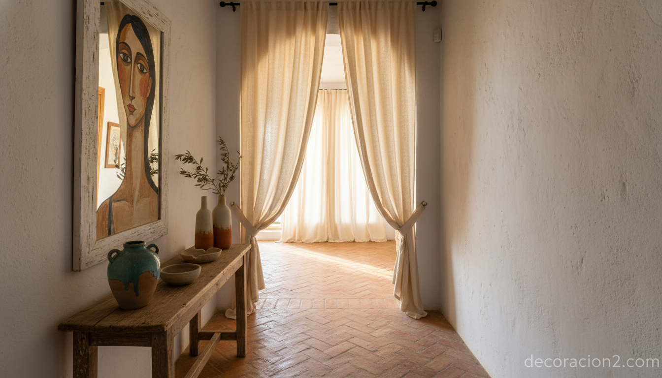 Espejo artístico vertical en recibidor mediterráneo estilo Modigliani