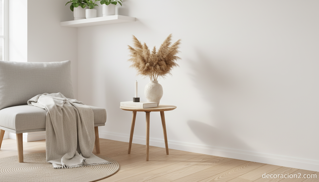 Mesa auxiliar de madera y metal estilizada en salón nórdico contemporáneo