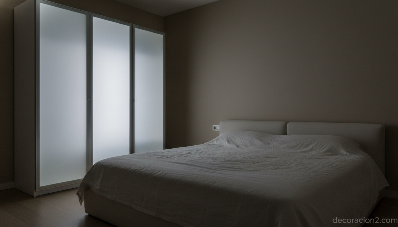 Mueble Fullmoon de Ennezero: el aparador luminiscente inspirado en la Luna 6 Dormitorio nocturno con aparador luminiscente brillando suavemente