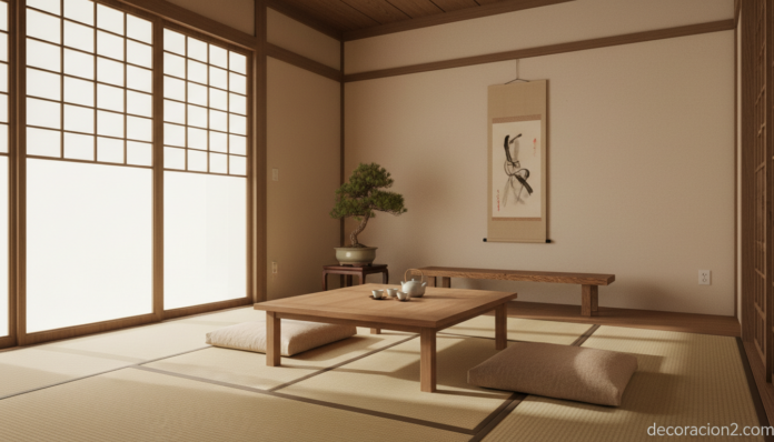 Salón con decoración japonesa, tatami y mesa baja de madera