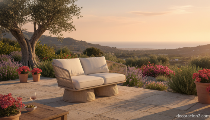 A serene Mediterranean garden terrace at golden hour featuring an elegant outdoor swivel double-seater lounge chair made o... Sillón biplaza de exterior en terraza mediterránea al atardecer