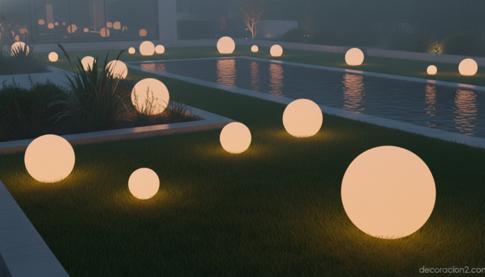 Lámparas con forma de luna iluminando un jardín moderno por la noche