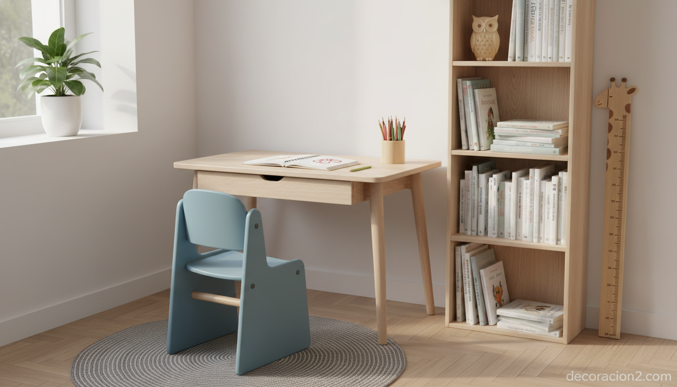 Rincón de estudio infantil con escritorio bajo y estantería decorativa