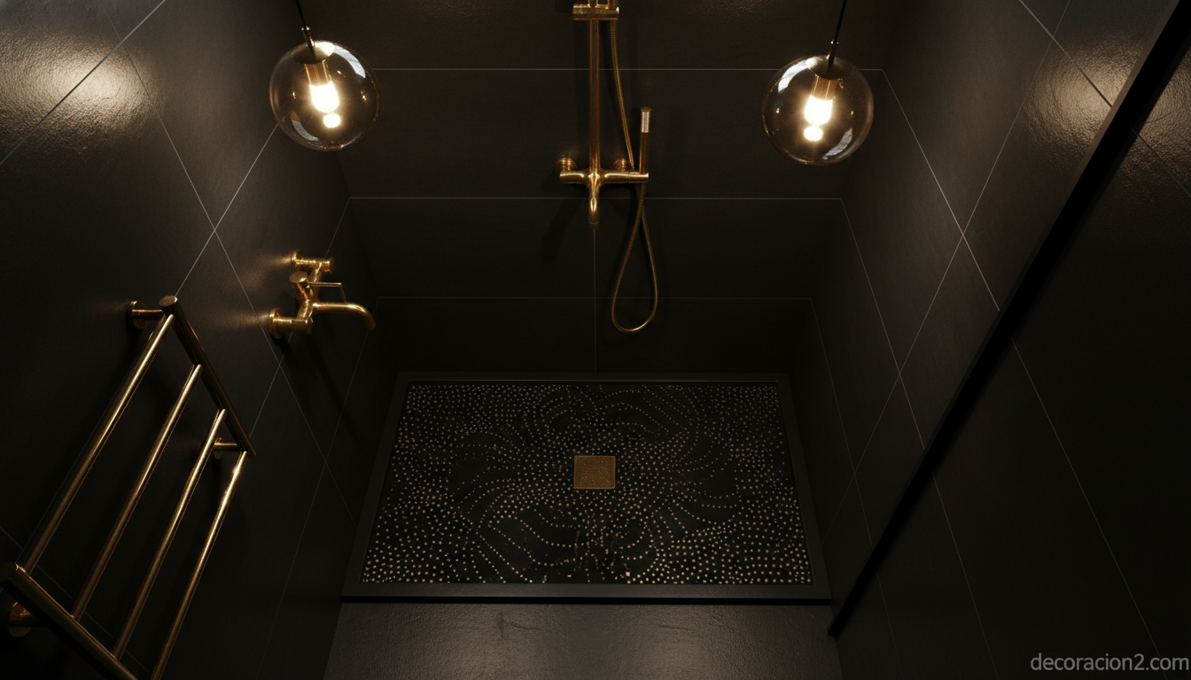 Plato de ducha decorativo de cristal pintado en baño oscuro de lujo