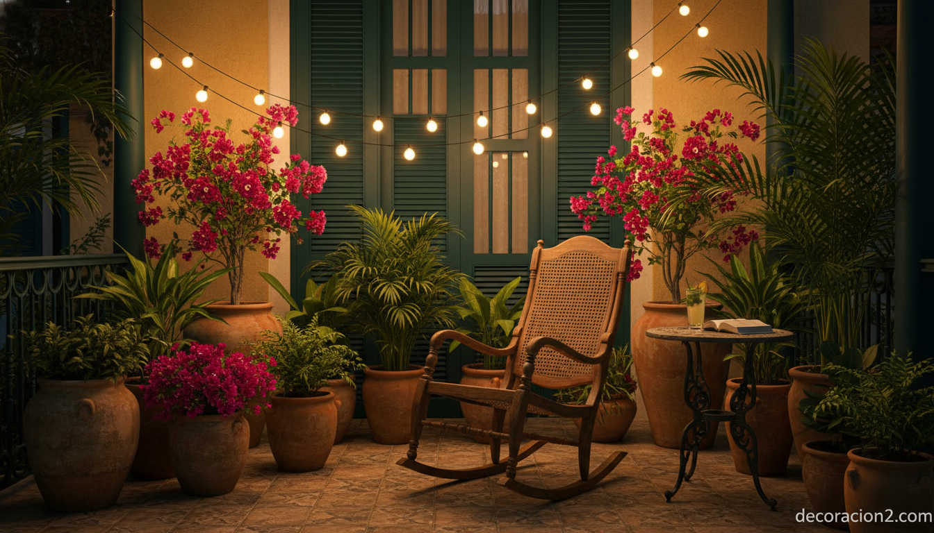 Terraza pequeña con estilo cubano de noche con buganvilla y luces cálidas