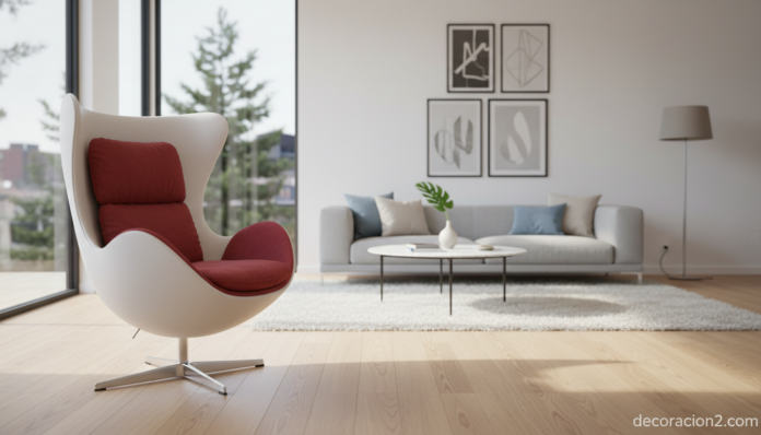Sillón huevo blanco con cojín rojo en salón nórdico moderno