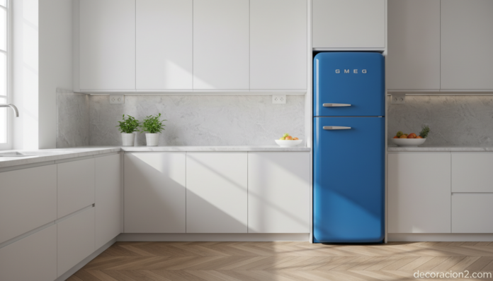 Frigorífico Old Time de Gorenje en azul cobalto en cocina blanca moderna