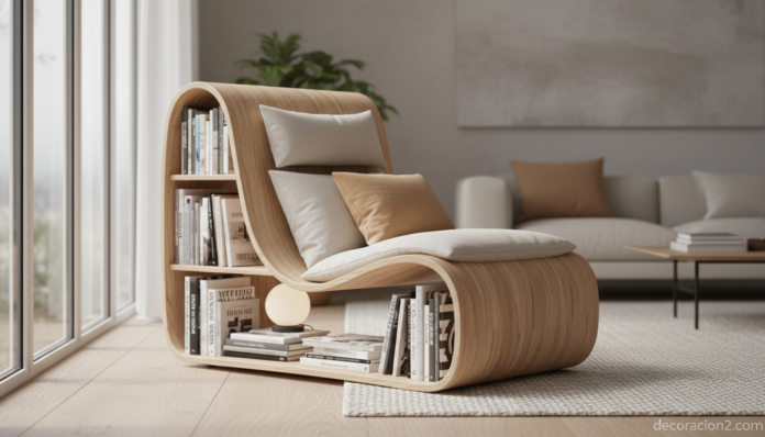 Salón moderno con sillón con estantería para libros estilo nórdico y rincón de lectura