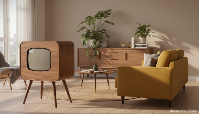A stylish modern living room featuring a retro-styled television with rounded edges, wooden frame and slim tapered legs, m... Salón decorado con televisor retro de estilo vintage y mobiliario mid-century