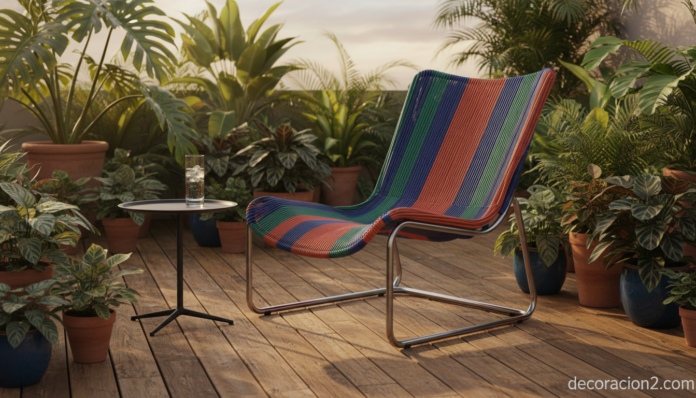 Colección Tropicalia de Patricia Urquiola en terraza con butaca tejida y vegetación tropical