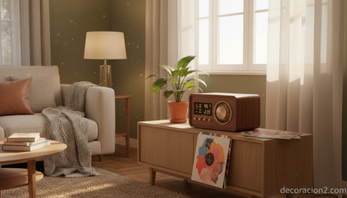 Reproductor retro Vita Audio R4 en madera de nogal sobre aparador vintage en salón cálido