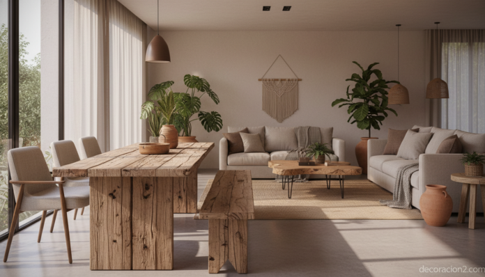 Salón decorado con muebles reciclados de madera recuperada estilo Carlos Motta
