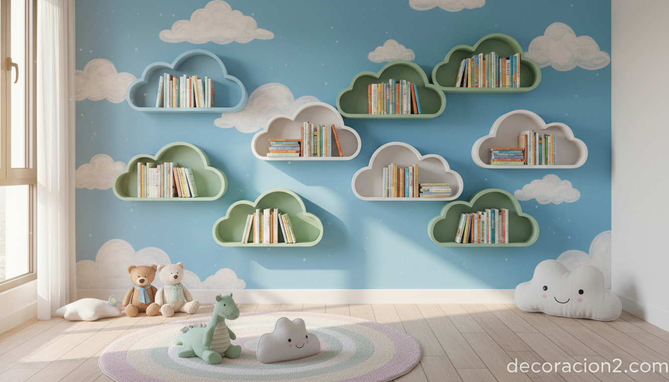 Habitación infantil con estanterías nube apiladas en verde y blanco