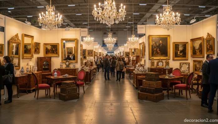 Feria de antigüedades Almoneda en Madrid con expositores y piezas vintage