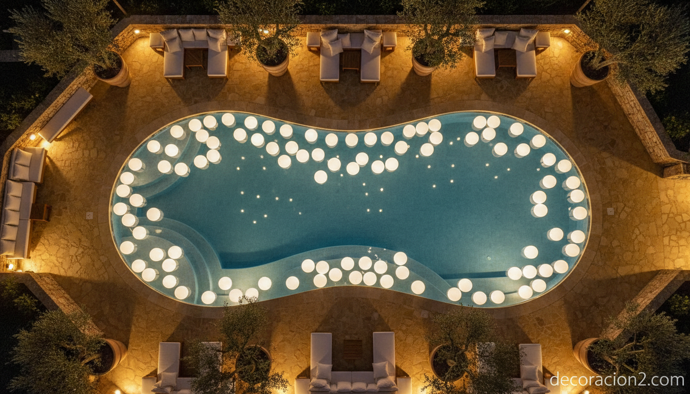 Vista aérea de piscina mediterránea con varias lámparas flotantes en el agua