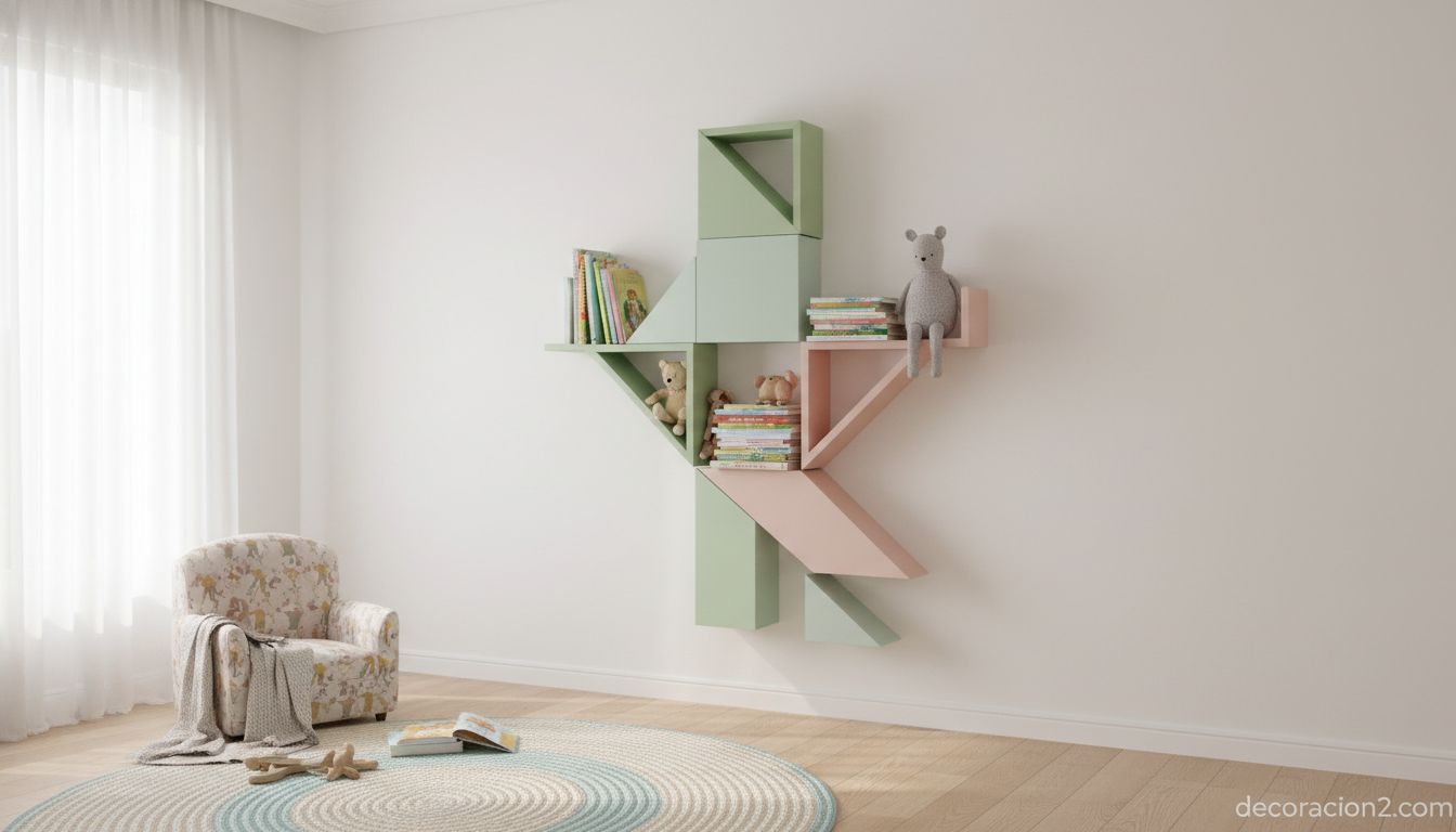 Composición asimétrica de estantería Tangram en dormitorio infantil con tonos pastel