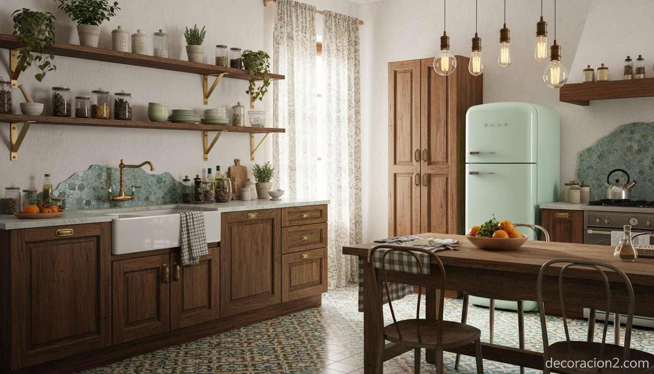 Cocina vintage ecléctica con frigorífico retro en verde menta y suelo hidráulico