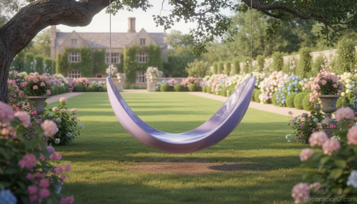 An elegant designer outdoor garden swing in a lush English country garden, sculptural lavender purple curved seat hanging ... Columpio de diseño Lavender Bubble en jardín inglés con árbol