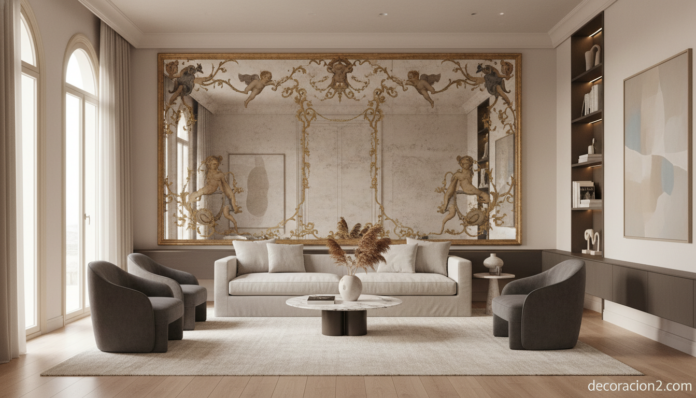 Espejos con obras de arte integrados en salón moderno