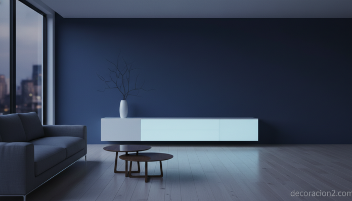 An elegant modern living room at dusk featuring a minimalist white sideboard glowing softly with pale moonlight-like phosp... Mueble Fullmoon de Ennezero brillando en un salón moderno al anochecer