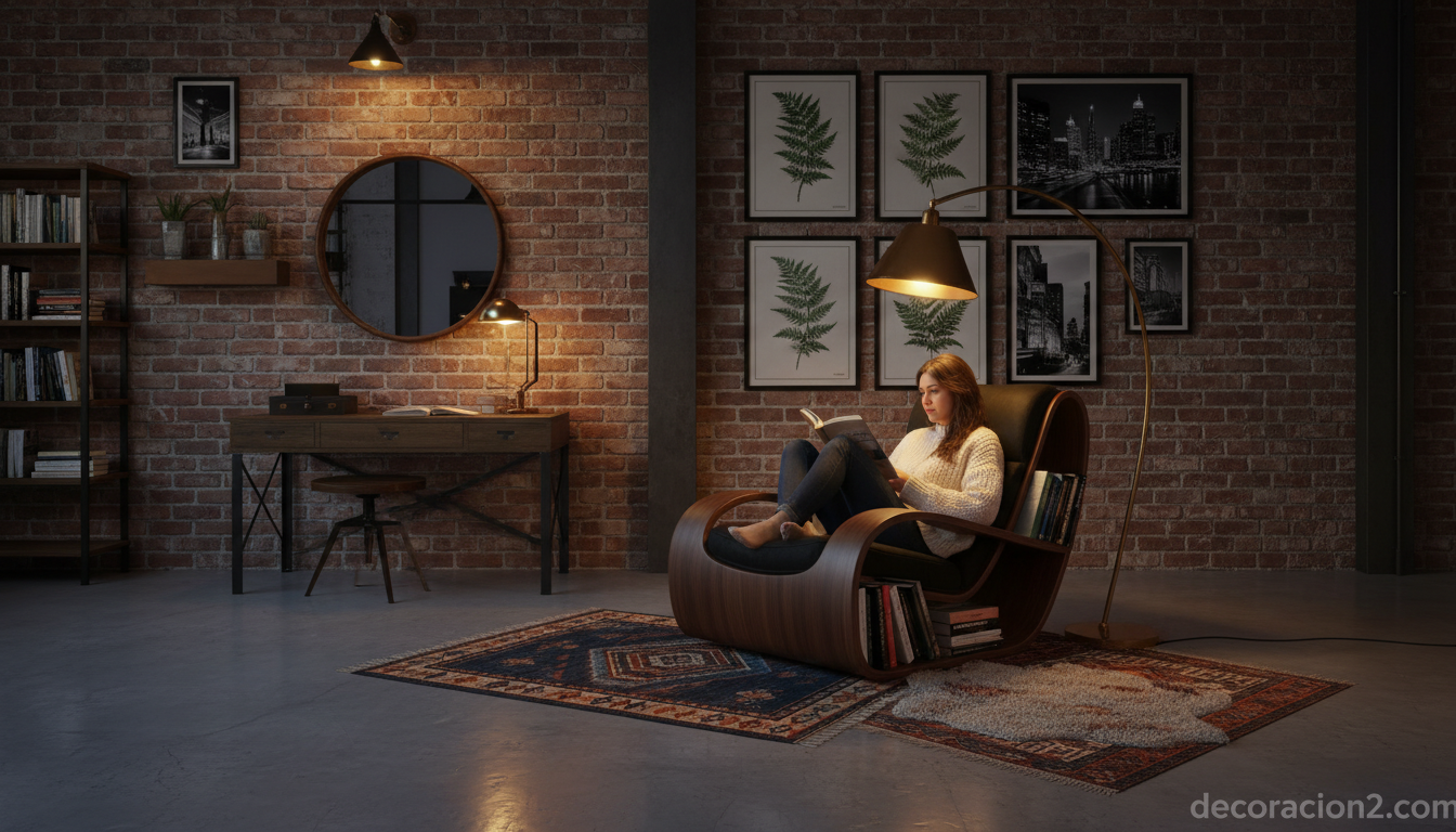 Sillón con estantería para libros en salón estilo industrial con lectura nocturna